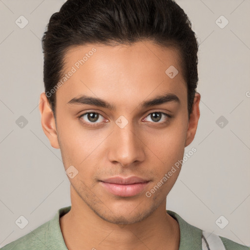 Neutral white young-adult male with short  brown hair and brown eyes