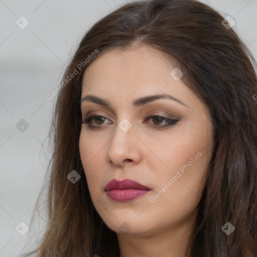 Neutral white young-adult female with long  brown hair and brown eyes