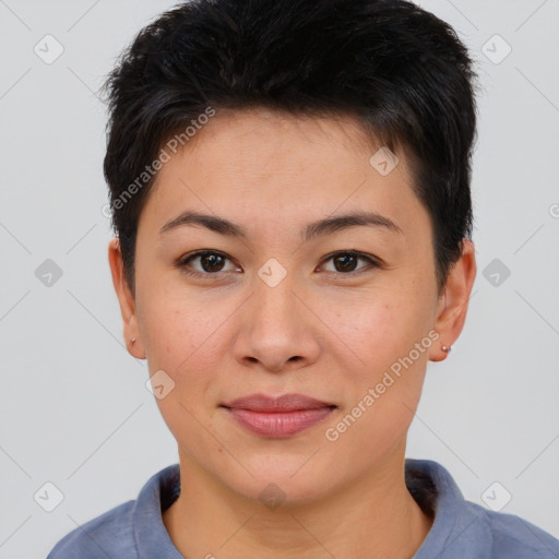 Joyful asian young-adult female with short  brown hair and brown eyes