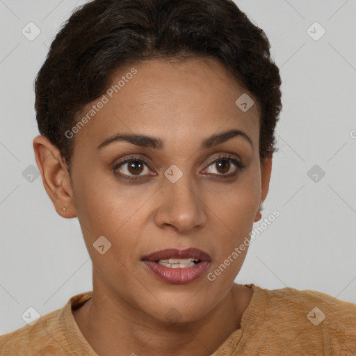 Joyful black young-adult female with short  brown hair and brown eyes