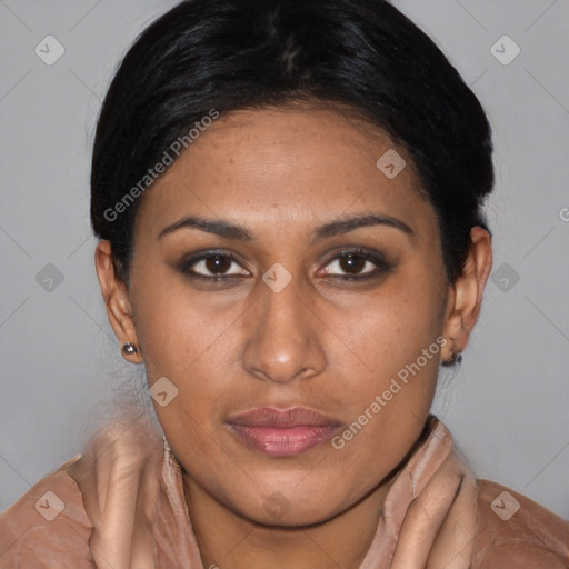 Neutral latino young-adult female with medium  brown hair and brown eyes
