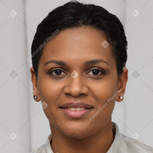 Joyful black young-adult female with short  brown hair and brown eyes