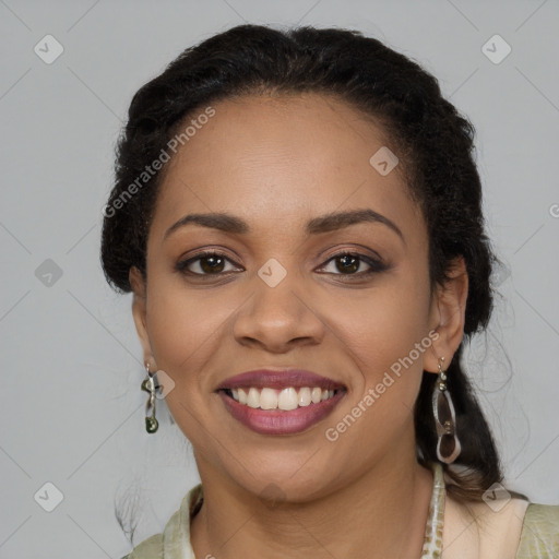 Joyful latino young-adult female with long  black hair and brown eyes