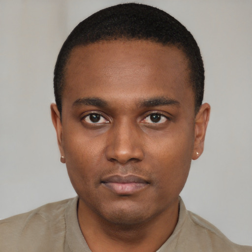 Neutral black young-adult male with short  black hair and brown eyes