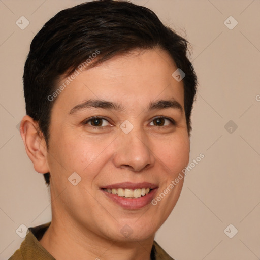 Joyful white young-adult female with short  brown hair and brown eyes