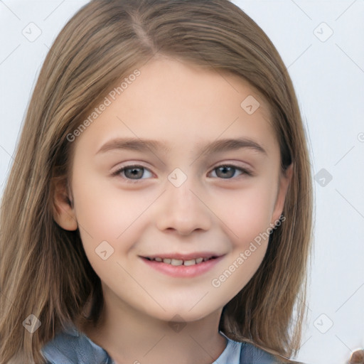 Joyful white child female with long  brown hair and brown eyes