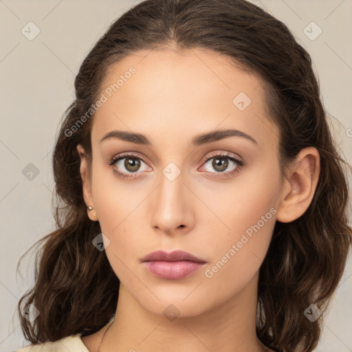 Neutral white young-adult female with medium  brown hair and brown eyes