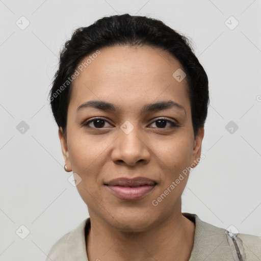 Joyful latino young-adult female with short  black hair and brown eyes