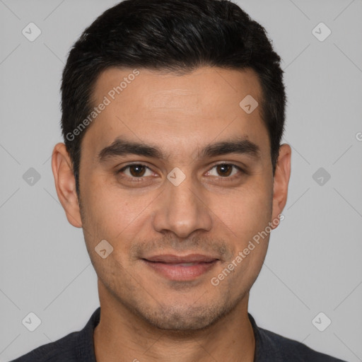 Joyful white young-adult male with short  black hair and brown eyes