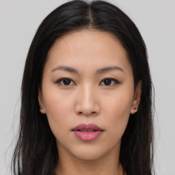 Neutral asian young-adult female with long  brown hair and brown eyes