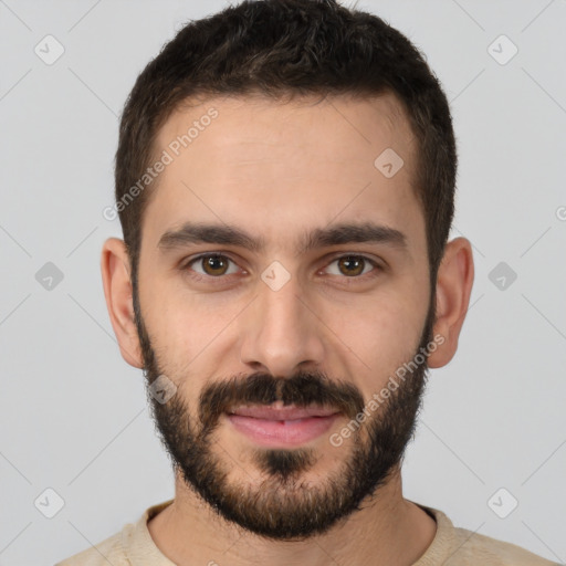 Neutral white young-adult male with short  brown hair and brown eyes