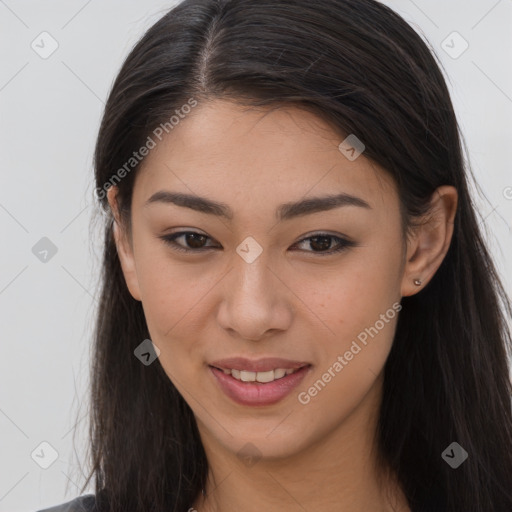 Joyful asian young-adult female with long  brown hair and brown eyes