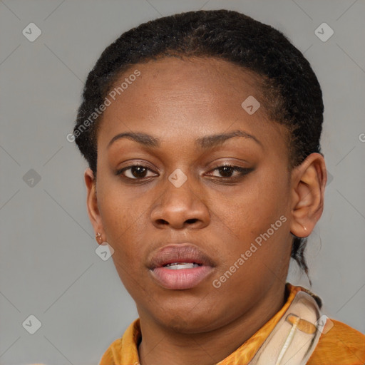 Neutral black young-adult female with short  brown hair and brown eyes