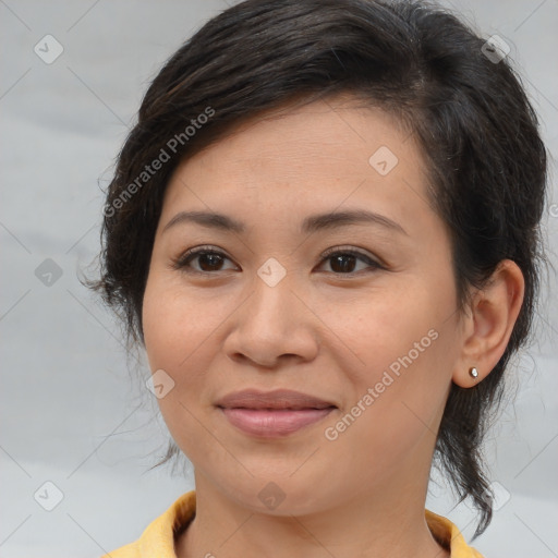 Joyful white young-adult female with medium  brown hair and brown eyes