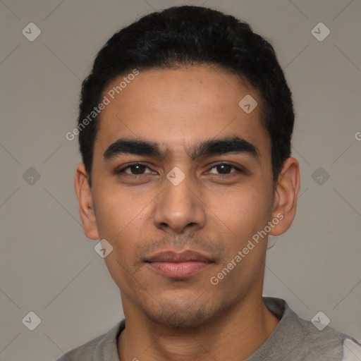 Neutral latino young-adult male with short  black hair and brown eyes