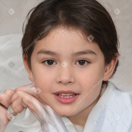 Joyful white child female with medium  brown hair and brown eyes