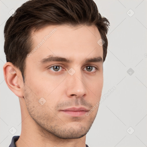 Neutral white young-adult male with short  brown hair and brown eyes