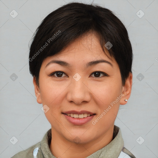 Joyful asian young-adult female with short  brown hair and brown eyes