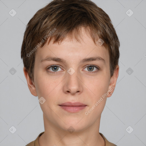 Neutral white young-adult male with short  brown hair and grey eyes