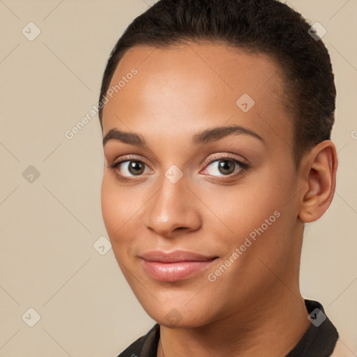 Joyful white young-adult female with short  brown hair and brown eyes