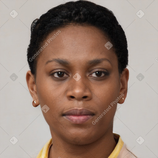 Neutral black young-adult female with short  brown hair and brown eyes