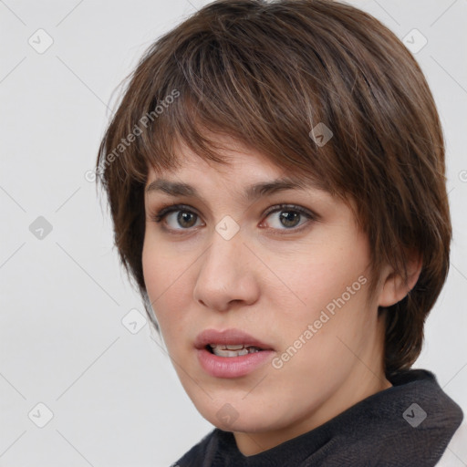 Neutral white young-adult female with medium  brown hair and brown eyes