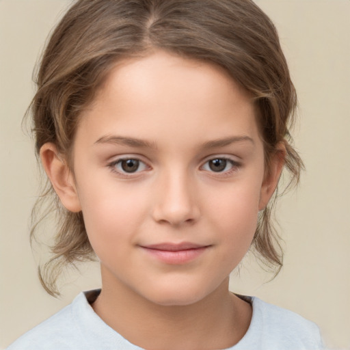 Joyful white child female with medium  brown hair and brown eyes