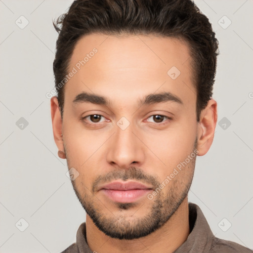 Neutral white young-adult male with short  brown hair and brown eyes