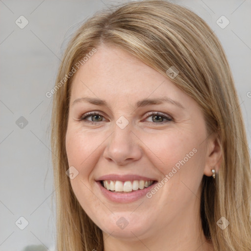 Joyful white young-adult female with long  brown hair and grey eyes