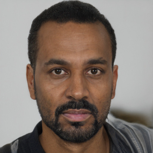 Neutral black adult male with short  black hair and brown eyes