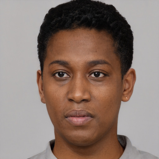 Neutral black young-adult male with short  black hair and brown eyes