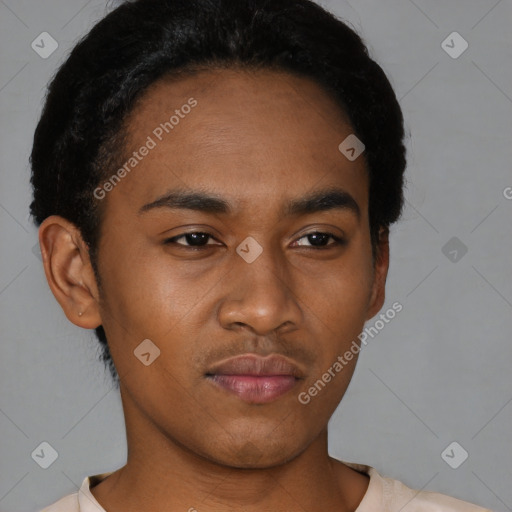 Neutral black young-adult male with short  black hair and brown eyes