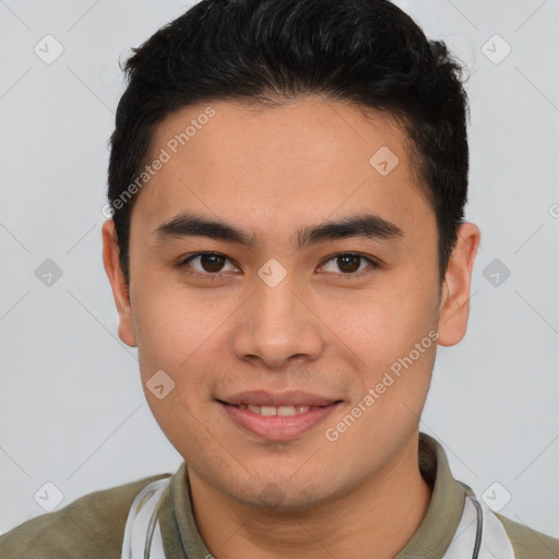 Joyful latino young-adult male with short  brown hair and brown eyes