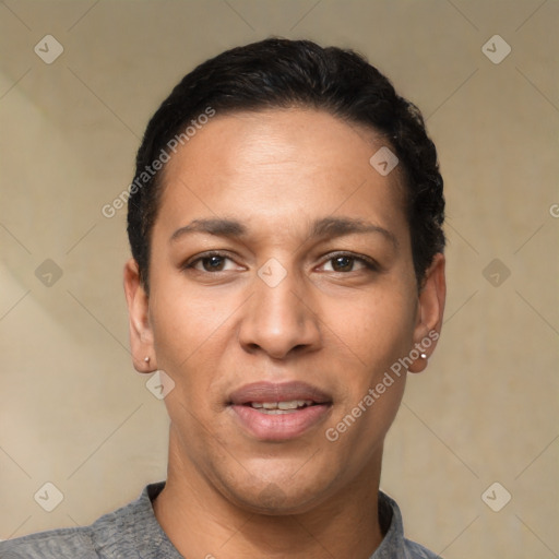 Joyful white young-adult female with short  black hair and brown eyes