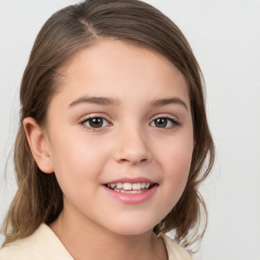 Joyful white child female with medium  brown hair and brown eyes