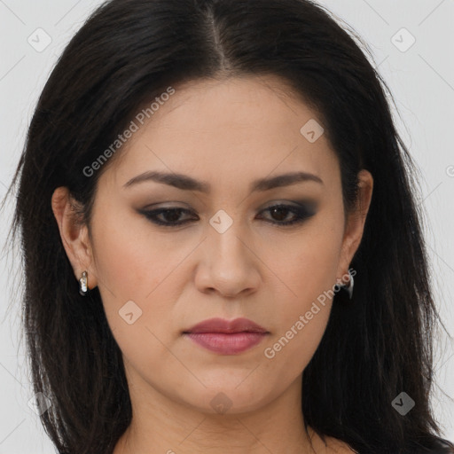 Joyful asian young-adult female with long  brown hair and brown eyes