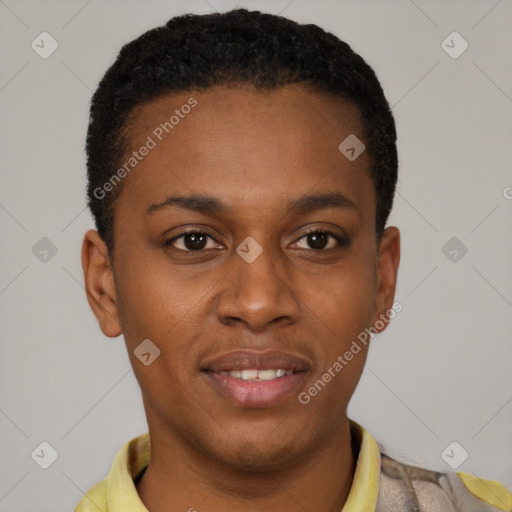 Joyful black young-adult male with short  black hair and brown eyes