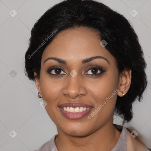 Joyful latino young-adult female with medium  black hair and brown eyes