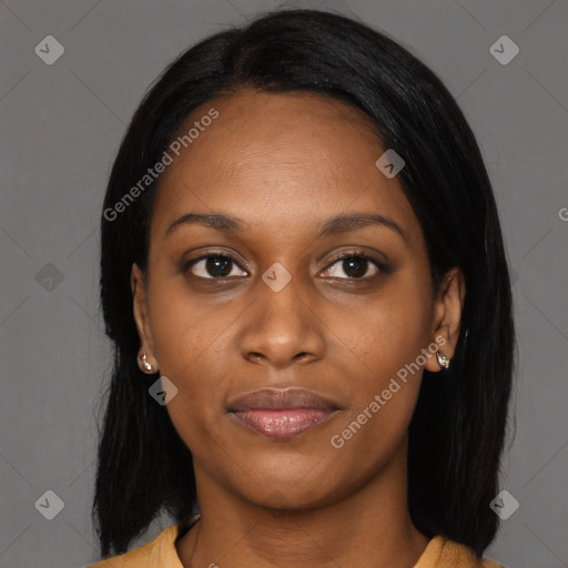 Joyful asian young-adult female with long  black hair and brown eyes