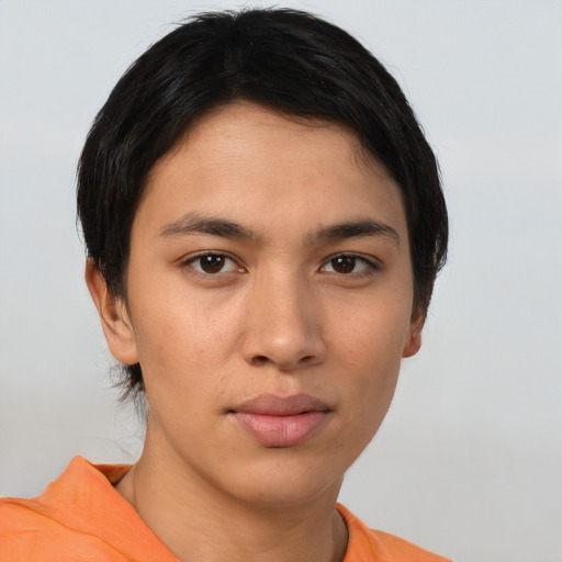 Neutral asian young-adult female with short  brown hair and brown eyes