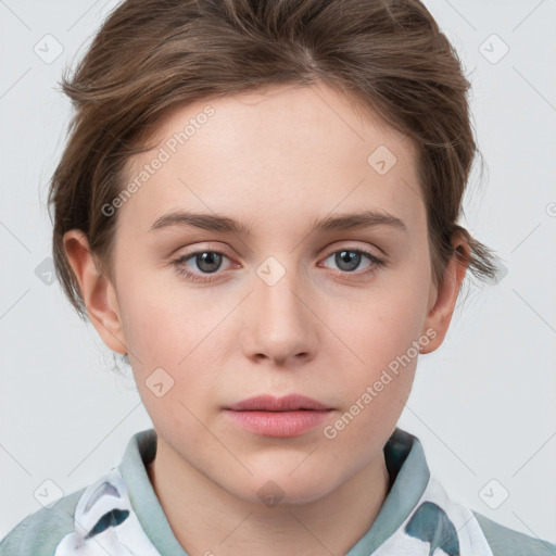 Neutral white young-adult female with medium  brown hair and grey eyes