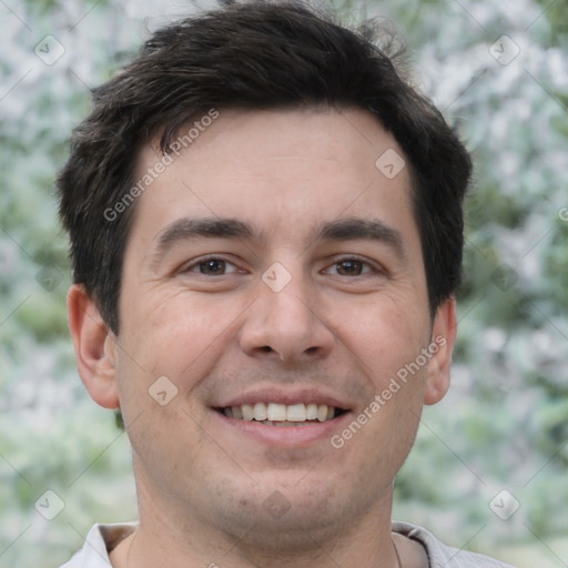 Joyful white young-adult male with short  brown hair and brown eyes