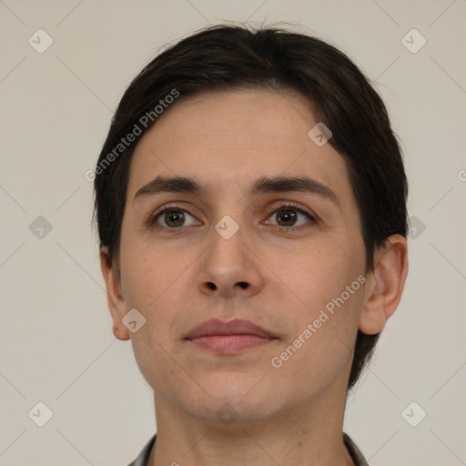 Neutral white young-adult male with short  brown hair and brown eyes