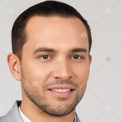 Joyful white young-adult male with short  brown hair and brown eyes