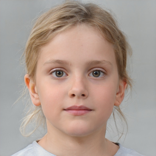 Neutral white child female with medium  brown hair and blue eyes