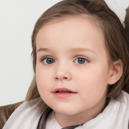 Neutral white child female with medium  brown hair and blue eyes