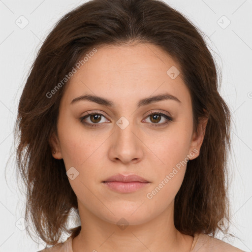 Neutral white young-adult female with long  brown hair and brown eyes