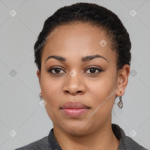 Neutral black young-adult female with short  black hair and brown eyes