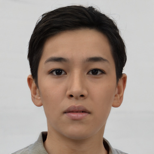 Neutral asian young-adult female with short  brown hair and brown eyes