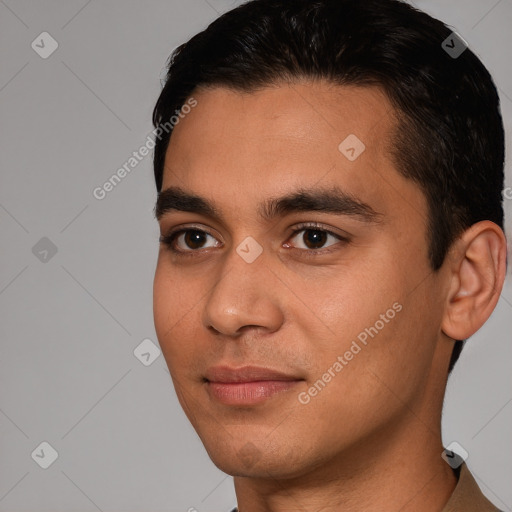 Neutral white young-adult male with short  brown hair and brown eyes